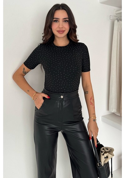 Noa & Noa Kadın Taş Detaylı Kısa Kollu T-shirt Beige Spark Siyah