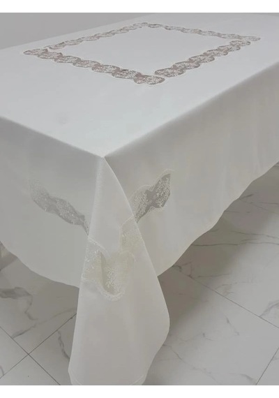 Bahar Lüx Dantelli Krep Kumaş Krem Masa Örtüsü 170x330 Cm - 1001 Çok Renkli