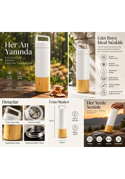 Beyaz & Bambu Detaylı Termos 600 Ml