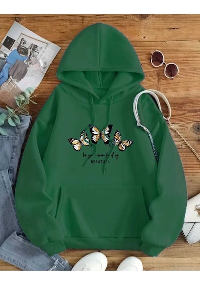Kozia Outdoors Beautıful 3 Kelebek Baskılı Kapşonlu Sweatshirt Yeşil