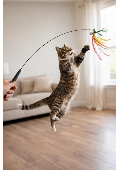Kedi Oltası Oyuncağı Tüylü Renkli İnteraktif Kedi Oyuncak Çubuğu Zilli Esnek Uzun Saplı Av Oyunu Aparatı Enerj