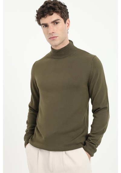 Dufy Erkek Slim Fit Yarım Balıkçı Yaka Haki Triko-18496