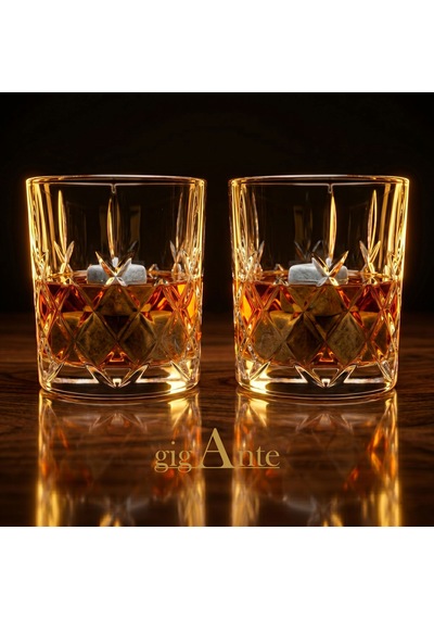 Gigante Deluxe Bohemia Kristal Viski Bardağı Seti, 320 Ml, 2 Bardak Ve 6 Mermer Viski Taşı, Kristal Kesim Desen, Hediye Kutusu Şeffaf