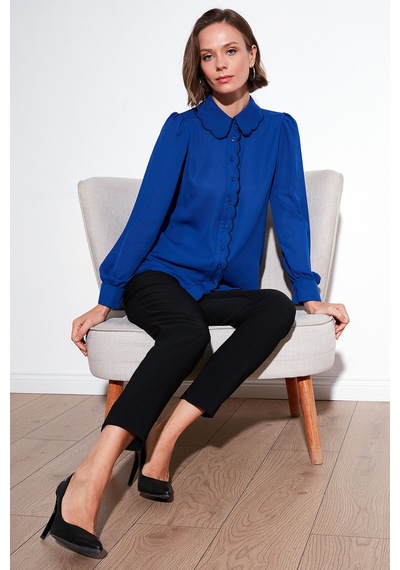 Lela Yaka Detaylı Regular Fit Şifon Bayan Gömlek 61114410 Saks-Lacivert