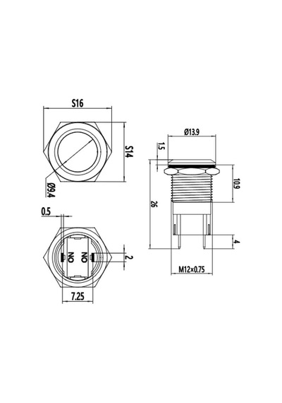 12A-P1Z 12Mm Düz Anahtarlı Metal Buton