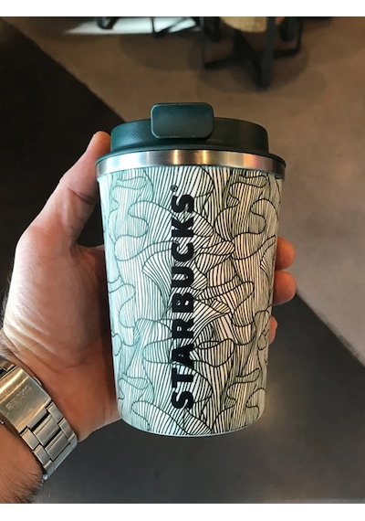 Starbucks Çizgi Desenli Yeşil-Beyaz Paslanmaz Çelik Termos 355ml