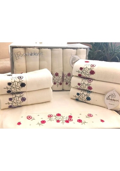 6.lı Set Annem 50x90 Cm. Özel Tafting Nakışlı Kadife Doku Çeyizlik Lüks Havlu Seti Beyaz krem
