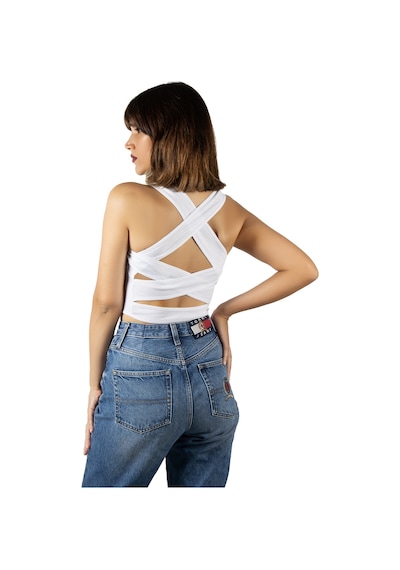 Terapi Men Beyaz Sırt Detaylı Fitted/vücuda Oturan Kare Yaka Crop Bluz Beyaz
