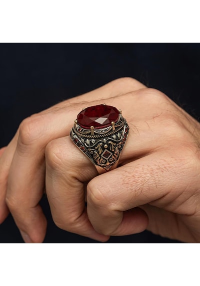Oval Kırmızı Paraiba Taşlı 925 Gümüş Erkek Yüzük Beyaz