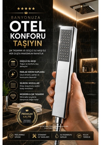 Kare El Duşu Başlığı Krom Paslanmaz Güçlü Su Akışlı Silikon Nozullu 1/2'' Universal Bağlantı Çok Renkli