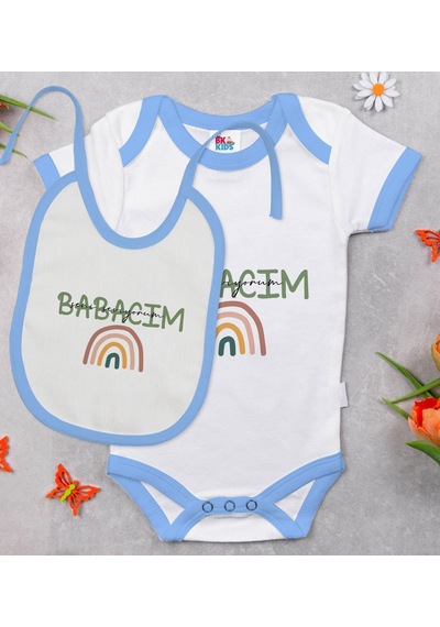 Bk Kids Babacım Tasarımlı Mavi Bebek Body Zıbın Ve Mama Önlüğü He Çok Renkli