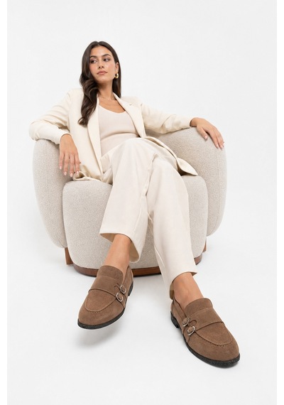 Luvi Shoes Daly Toprak Süet Hakiki Deri Tokalı Kadın Loafer Ayakkabı