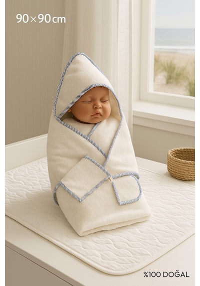 Organik Havlu Kundak Set - Bebek Banyo Havlu Set Mavi