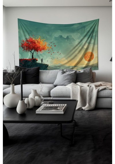 Gün Batımında Yalnızlık Desenli Duvar Halısı Duvar Örtüsü Tapestry Süet Dokulu Kumaş