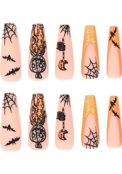 Halloween Korku Maskeli Özel Tasarım Uzun Düz Takma Tırnak Seti 24 Adet - Turuncu
