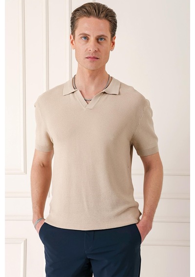 Efor Slim Fit Polo Yaka Kısa Kol %100 Pamuk Bej Triko Tr 868 Bej