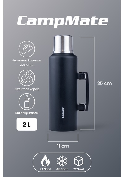 Cooker Campmate 2 Litre Paslanmaz Çelik Termos Siyah