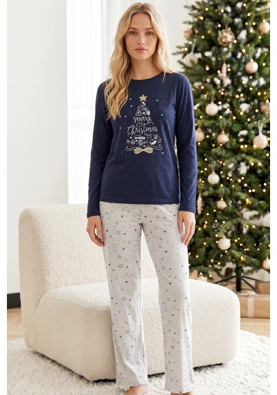 Siyah İnci Yılbaşı Temalı Pamuklu Likralı Örme Pijama Takım26240339 Lacivert Siyah İnci Yılbaşı Temalı Pamuklu Likralı Örme Pijama Takım26240339 Lacivert