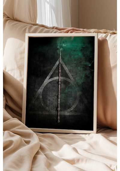 Harry Potter Mürver Asa Çerçeveli Tablo - Lüks Ölüm Yadigarları Modern Duvar Dekoru Siyah Yeşil Beyaz