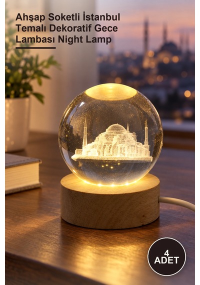 4 Adet 3d Kristal Cam Küre Led Lamba Ahşap Soketli İstanbul Temalı Dekoratif Gece Lambası Night Lamp 5