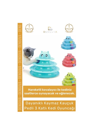 Kedioyuncağı 3 Katlı Kedi Başlıklı Toplu Hareketli Petzoom Kule Eğitici Kedi Oyuncağı 19,5 Cm X 24c