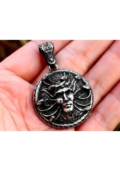 Çift Taraflı Kullanım Paslanmaz Çelik Yılan Detaylı Medusa Kolye Gümüş