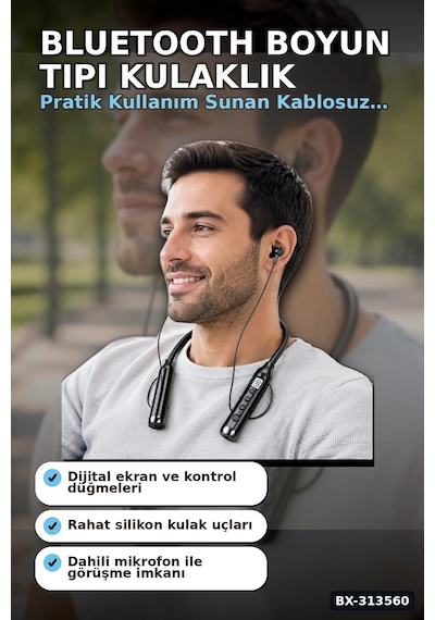 Bay Bluetooth V4.0 Boyun Tipi Kulaklık 10 Mt Menzilli Mikrofonlu Dijital Ekranli Kulak Ici Bx-313560 Najmaddin