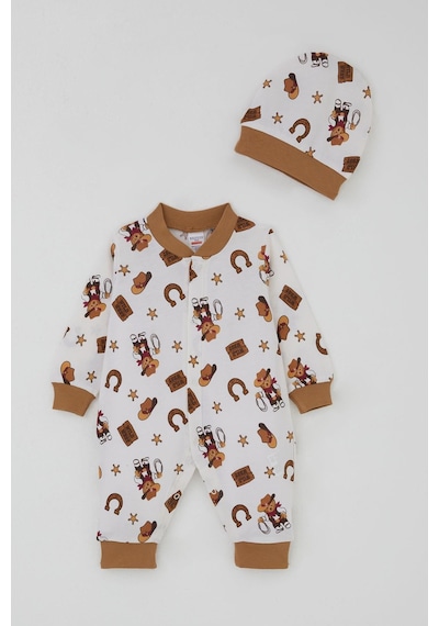 Breeze Erkek Bebek Tulum Mini Kovboy Ayıcık Desenli 0-6 Ay, Ekru