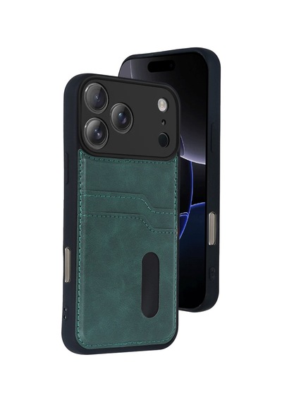 Apple İphone 17 Pro Max Uyumlu Deri Kartvizitli Kartlıklı Premium Telefon Kılıfı Kapak Koyu Yeşil
