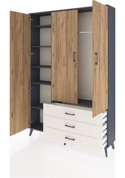 Arges Dolap 6 Raflı 3 Çekmeceli Tek Askılı 132x30x195 Antrasi... Antrasit