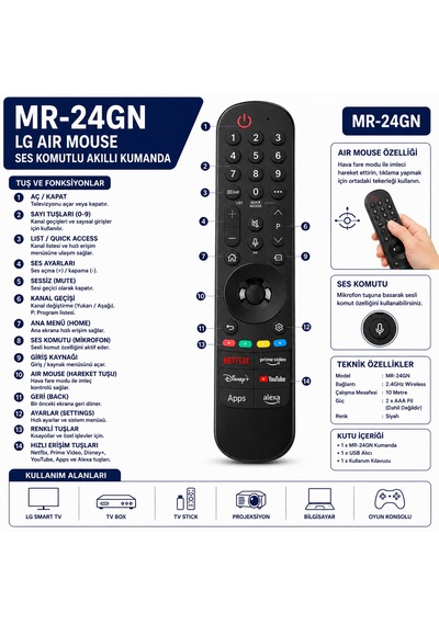 Mr-24gn Lg Air Mouse Ses Komutlu Akıllı Tv Kumandası 2.4g Kablosuz Netflix Prime Video Youtube Uyumlu