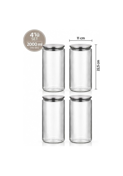 S-2091 Sarina 4'lü Çizgili Cam Kavanoz Seti 2000 Ml Metal Vakum Kapaklı Büyük Boy Mutfak Kiler Erzak Ve Bakliyat Saklama Kabı Diğer