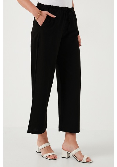 Lela Keten Karışımlı Regular Fit Normal Bel Geniş Paça Bayan Pantolon 5866030 Siyah