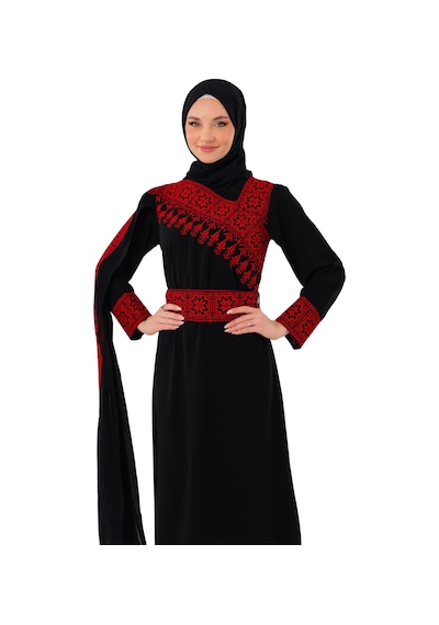 Zaytoon Eğimli Omuz Uzun Ve Açık Kollu Filistin Nakışlı Elbise M-3xl C100050 Siyah