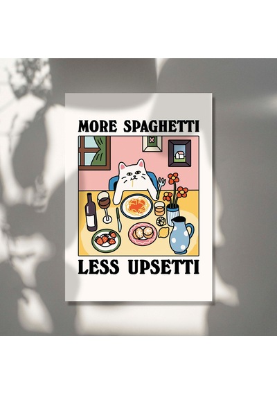 Daha Fazla Spagetti Daha Az Pişmanlık Kedi Baskısı, Retro Lokanta Posteri, Bistro Yemek Makarna Posterleri