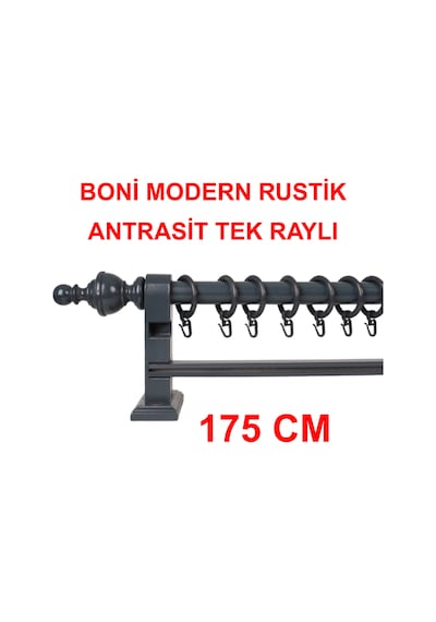 Boni Modern Rustik Ahşap Rustik Perde Askısı Tek Raylı-antrasit 175 Cm Antrasit