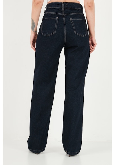 Lela Pamuklu Yüksek Bel Bol Paça Jeans Kadın Kot Pantolon 7031006 Koyu Mavi