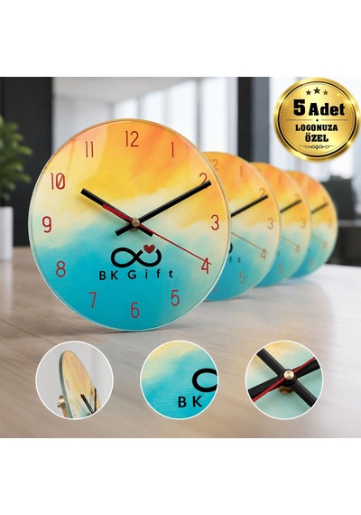 Logonuza Özel 5 Adet 18 Cm Yuvarlak Cam Duvar Saati Kurumsal Baskılı Promosyon Saat Çok Renkli