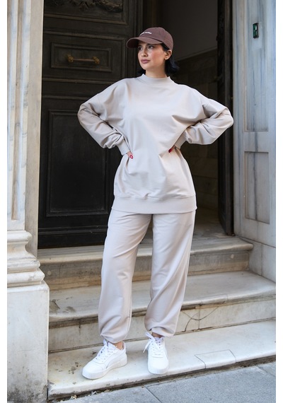 Mezka Regular Fit 2'li Takım Sweatshirt Beli Lastikli Jogger Eşofman Altı Bej