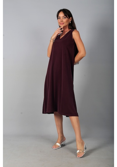 By Saygı Kadın V Yaka Ön Pervazlı Pike Kumaş Kolsuz Oversize Midi Elbise Mürdüm