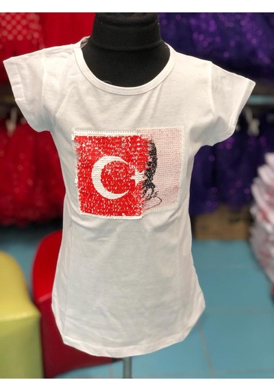 Sedacan Kostüm Atatürk Ve Bayrak Çift Taraflı Payetli Çocuk Tşört Beyaz