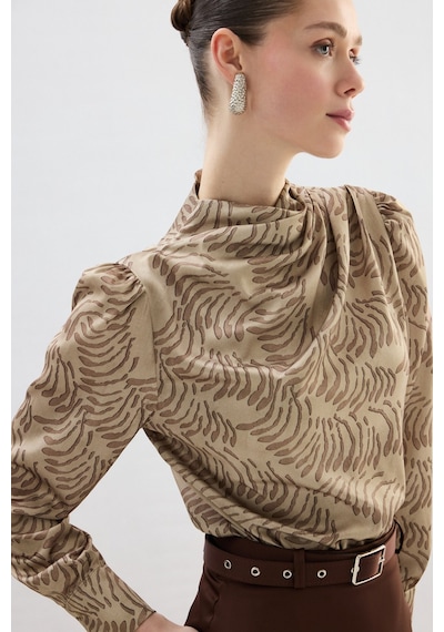 Sateen Drape Detaylı Desenli Bluz - Vizon-136745 VİZON
