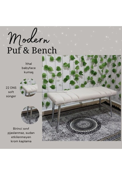 Özcan Metal Krom Metal Ayaklı Metal Kasalı Bench Mutfak Salon Antre Yatak Odası Balkon Puf Bank Krembeyaz