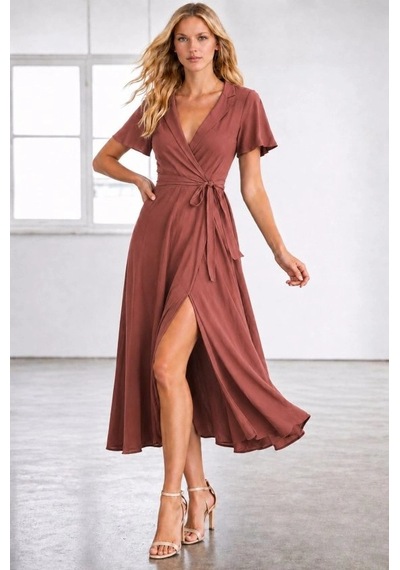 Defymoda Kadın Kısa Kollu Kruvaze Yakalı Belden Kuşaklı Yırtmaçlı Midi Viskon Elbise Turuncu Defymoda Kadın Kısa Kollu Kruvaze Yakalı Belden Kuşaklı Yırtmaçlı Midi Viskon Elbise Turuncu
