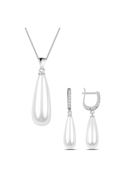 Gümüş Uzun Damla Model Kolye Küpe Inci Set