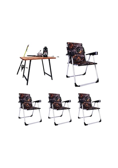 Alin Metal 4''lü Lüks Bardaklı Kamp Sandalyesi Ve Masa Set Yaprak Desenli Yaprak Desenli Çok Renkli