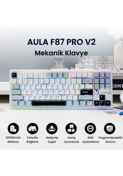 Aula F87 Pro V2 Mekanik Rgb Tkl Star Vector Switch Kablosuz Makrolu Hot Swap Klavye Lacivert