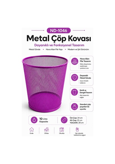 Need Tam Delikli Metal Fileli Mor Çöp Kovası - Nd-1046