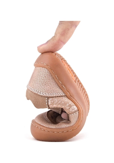 Rakerplus Bob Hakiki Deri Pudra Simli Barefoot Cırtlı Lastikli Bebek Sneaker Ayakkabı Pudra