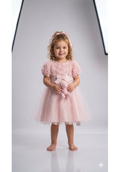 Baby Rose Kız Çocuk Güllü Abiye Elbise Pembe